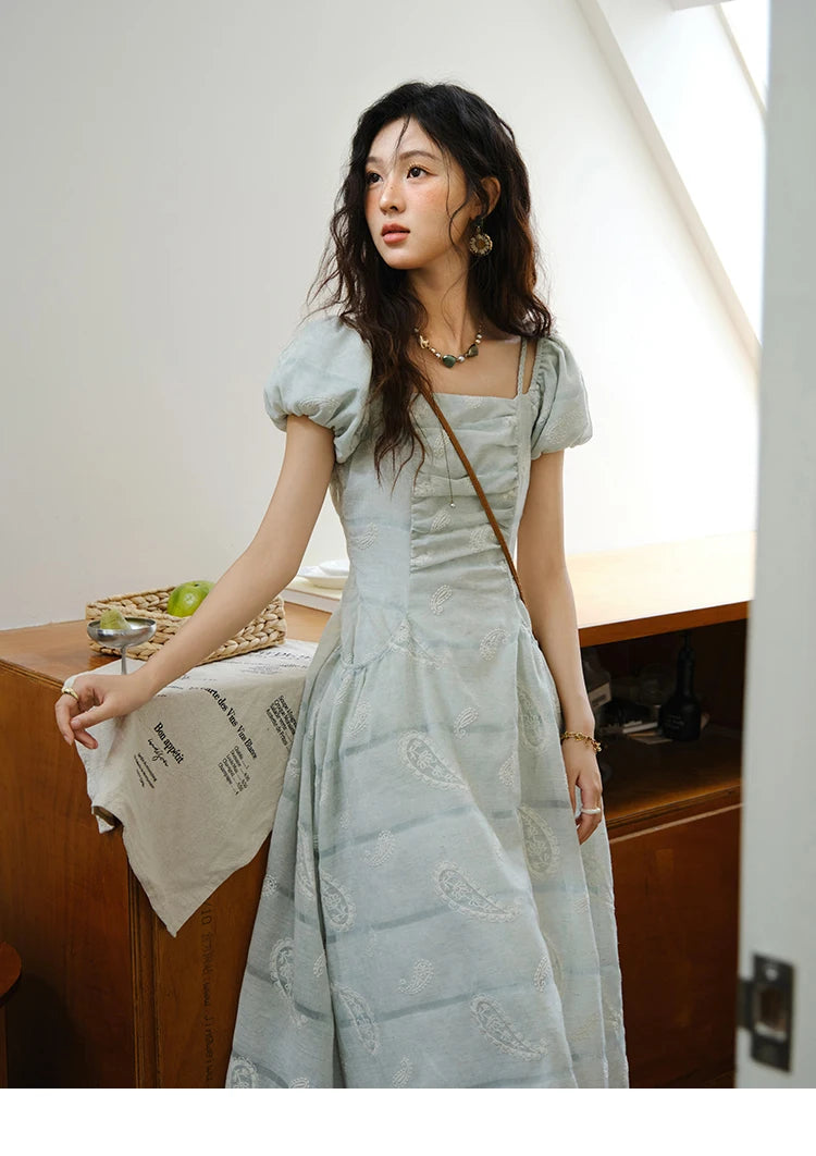 MISHOW Fashion Embroidery A-line Dress for Women 2025 Summer Puff Sleeve Square Neck Vacation Dresses Female Clothing MXE34L2265