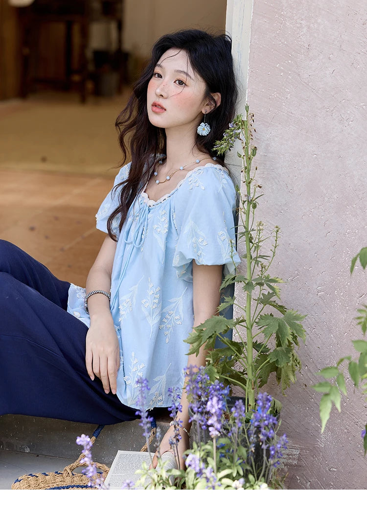 MISHOW Blue Pure Cotton Embroidered Blouses 2025 Summer Wave Edged O-neck Tops Contrasting Lace Up Loose Doll Blouses MXE35X1791