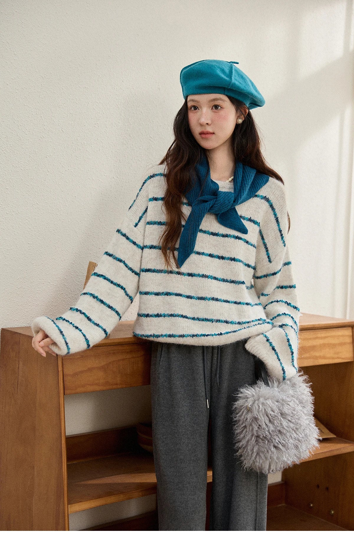 MISHOW Women's Blue Striped Sweater 2025 New Alpaca Wool Shawl Scarf Set Retro Loose Casual Knit Top Winter Clothes MXE90Z2821