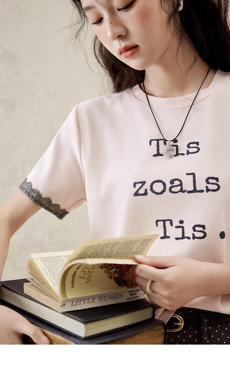 MISHOW Casual Pink Letter T-shrit Women Summer 2025 New Short Sleeve Round Neck Shirts Woman Fashion Lace Tops Lady MXE32T0529