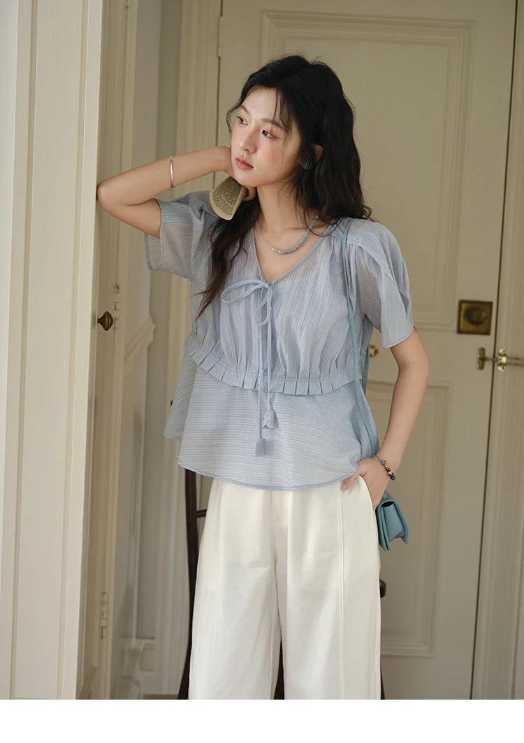 MISHOW Women's Fashion V-neck Blouse Summer 2025 New Splicing Button Commut Ladies Lace Up Casual Short Sleeve Top MXE34X1821