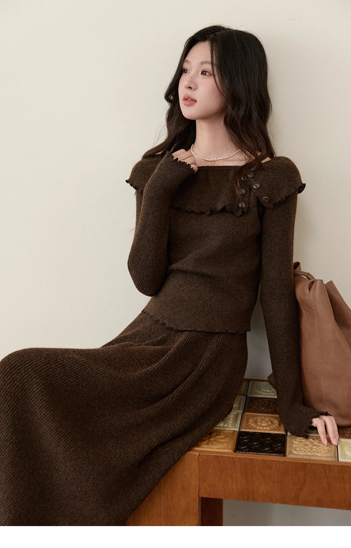 MISHOW Women's Retro Knitted Two-Piece Set 2025 Winter Coffee Ruffle Boat Neck Top A-Line Elastic Waist Skirt Outfit MXE93T1455