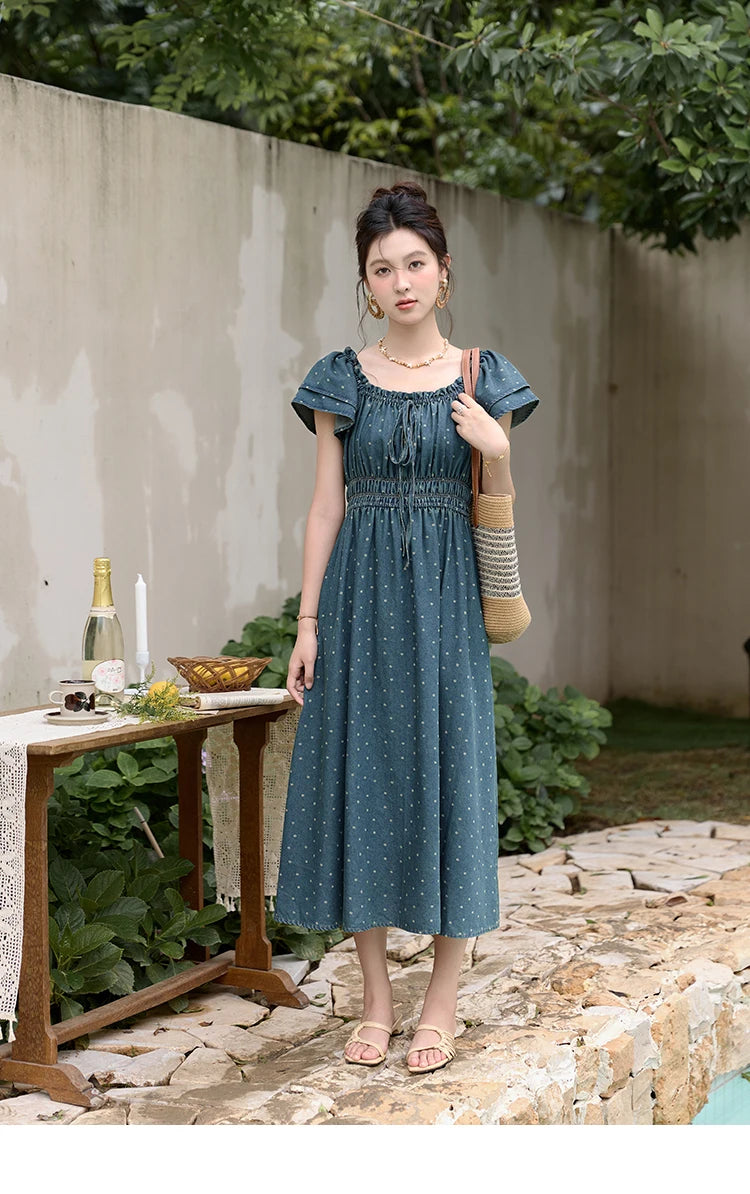 MISHOW Lace Up Flying Sleeve Polka Dot Dress Summer 2024 High Waist Pleated Long Dresses Square Neck Denim Dress MXD30L2022