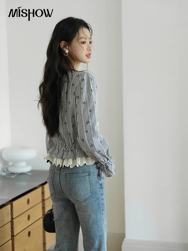 MISHOW Black Striped Blouses 2025 Autumn Lace-up Bow Round Collar Blouse Cotton Blend Hollowed Out Splicing Lace Top MXE41X1948