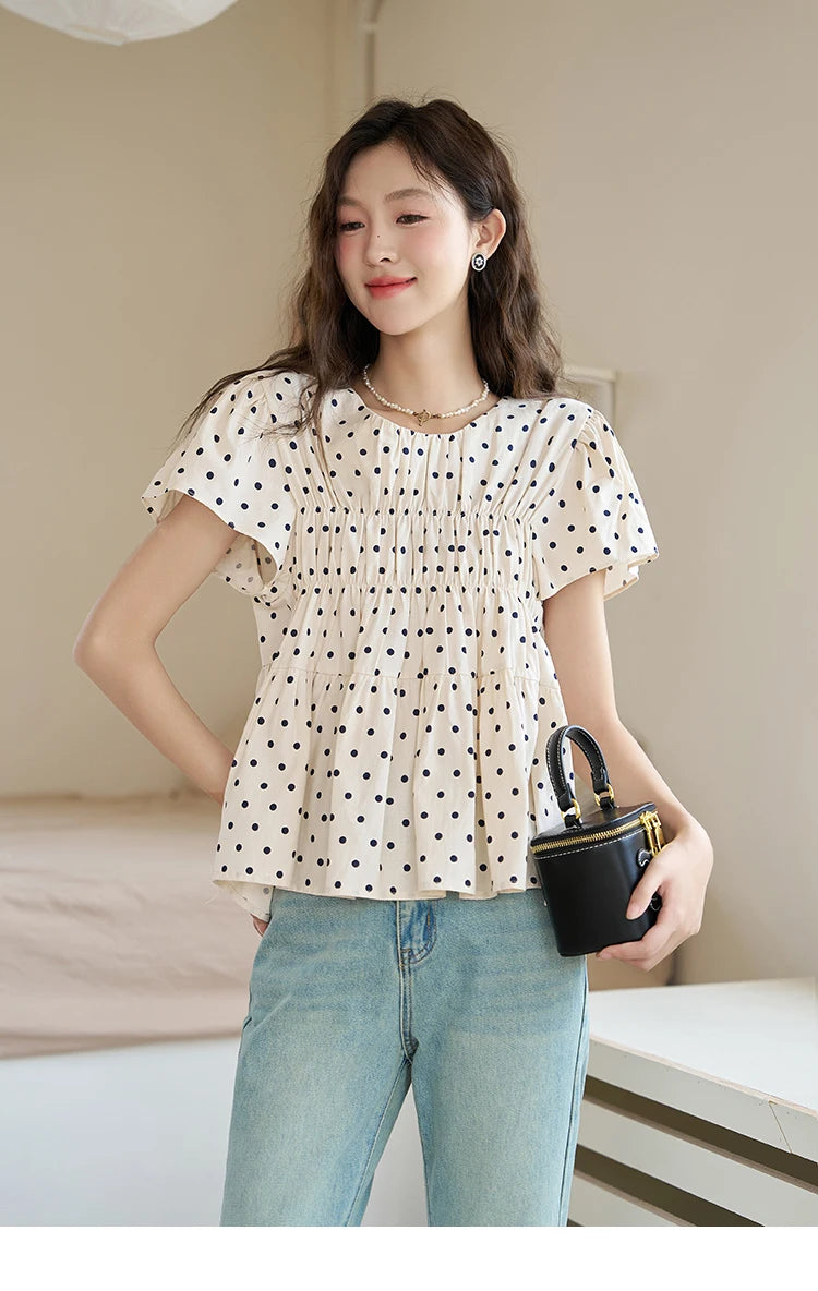 MISHOW Polka Dot Blouses for Women 2025 Summer French Flying Sleeve O Neck Elastic Folds Loose Retro Female Doll Top MXC39X1291
