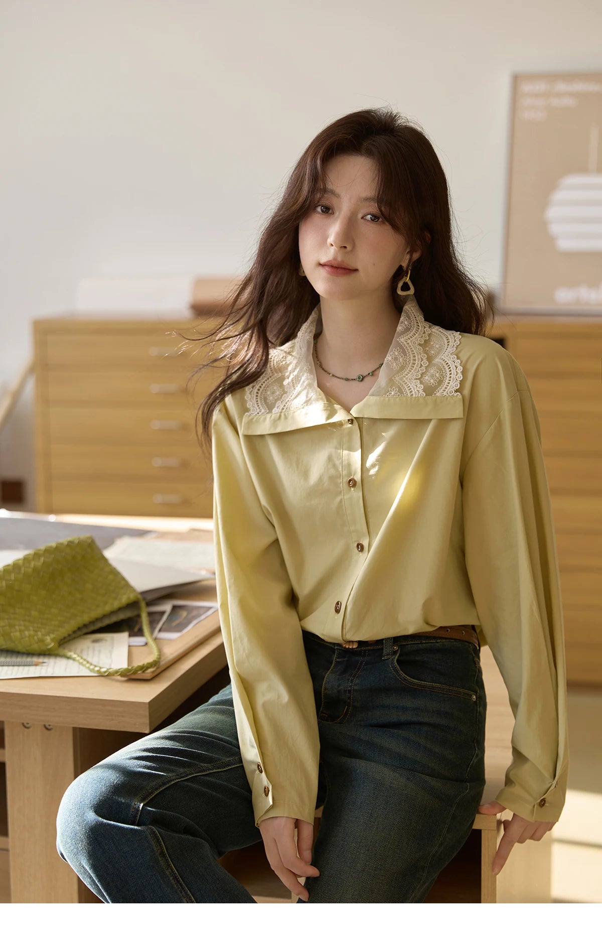 MISHOW Autumn Solid Cotton Shirt Autumn V-neck Double-layer Lace Retro Design Shirts Single Breasted Tops Office Lady MXE41C2366