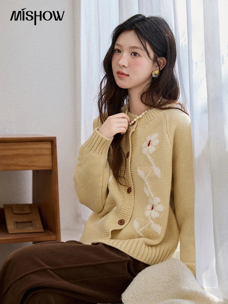 Mishow Yellow Floral Jacquard Retro Cardigan MXE86Z2738