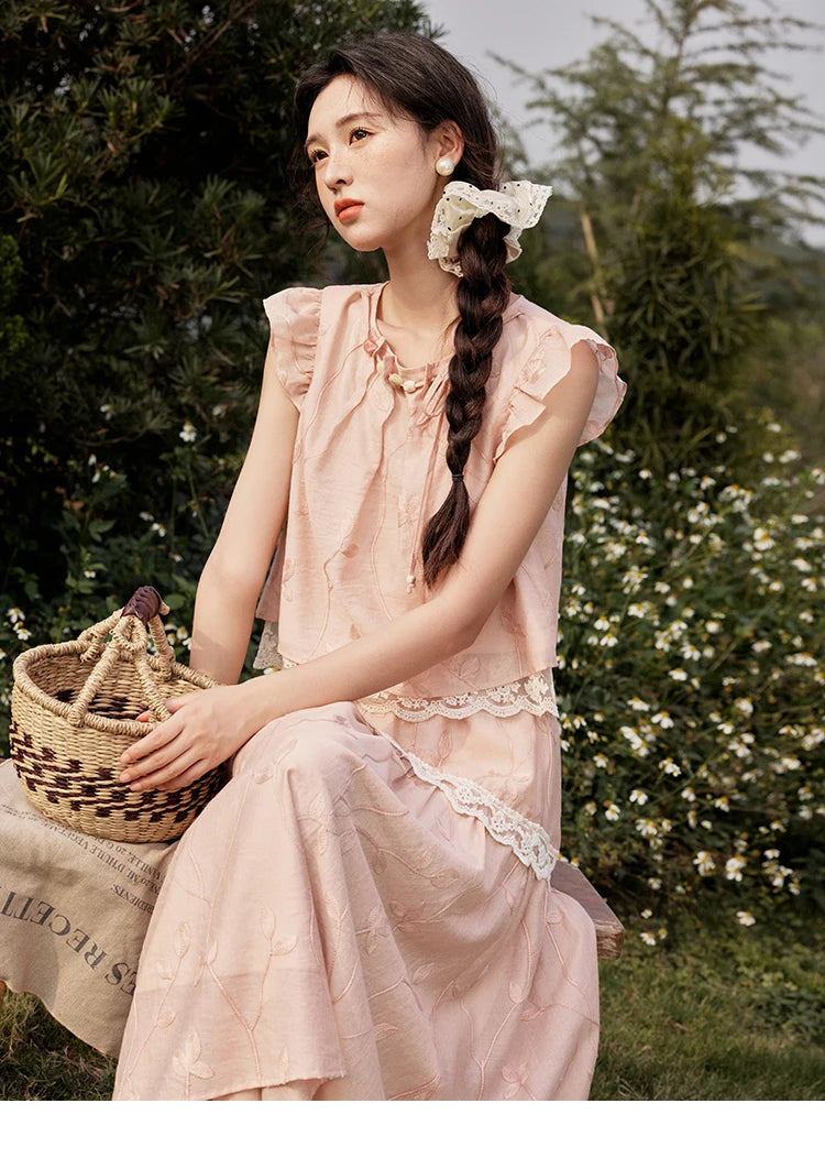 MISHOW Sweet Summer Skirt Sets Women New 2025 Short Flying Sleeve Round Neck Tops Hollow Embroidery A-line Skirt Lady MXE33T0545