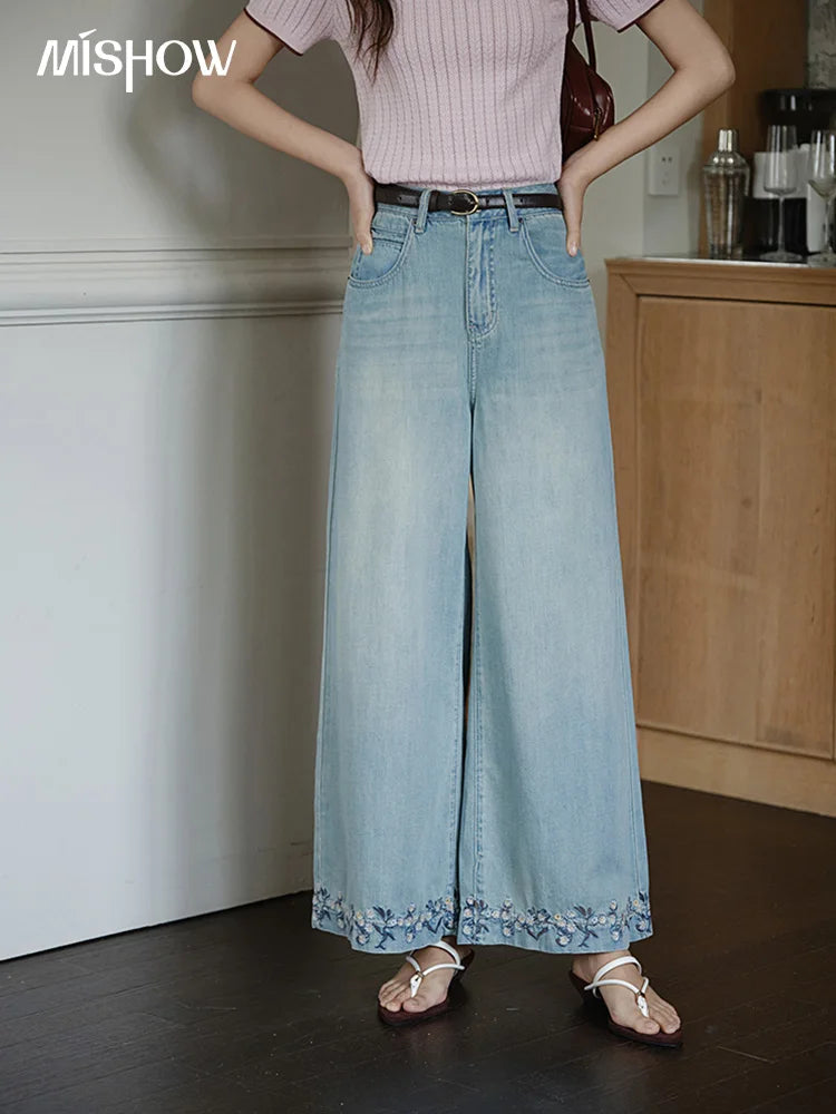 MISHOW Women Flower Embroidery Wide Leg Pants 2025 Summer Office Lady Fashion High Waist Slim Jeans Female Clothing MXE37K0991