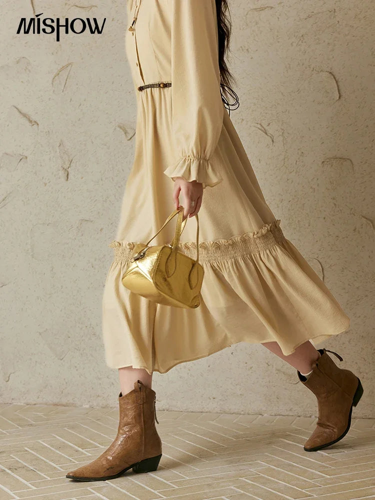 MISHOW French Stand Neck Elasticity Dress 2024 Autumn Waist Elegant A-line Dresses Elastic Lotus Leaf Sleeves Dress MPD42L2036