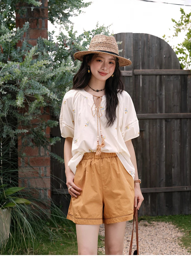 MISHOW Women Two-Piece Set 2025 Summer Puff Sleeve Lace Up Top Hollow Lace Spliced Elastic Waist Shorts Ladies Set MXE38T0684