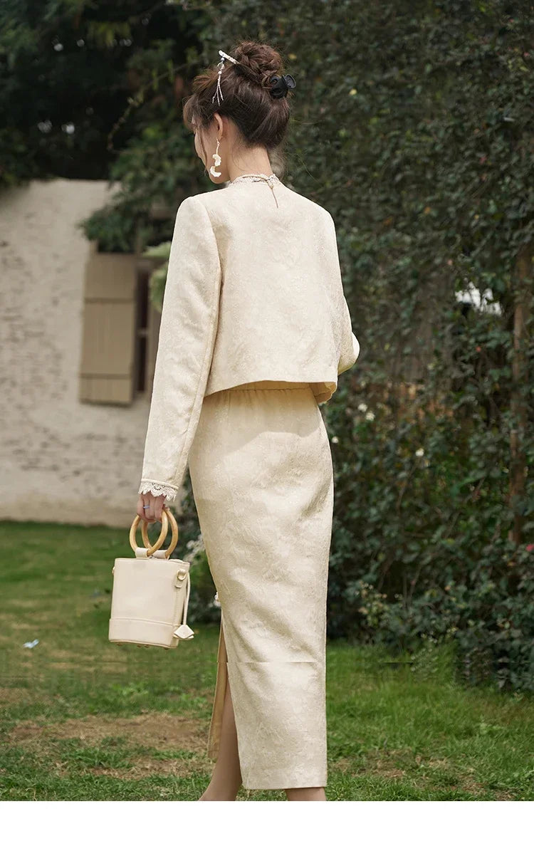 MISHOW Chinese Lace Edge Jacket Midi Skirts Separately Spring 2025 Elegant Top Irregular Jacquard Front Split Skirts MXD15W0370