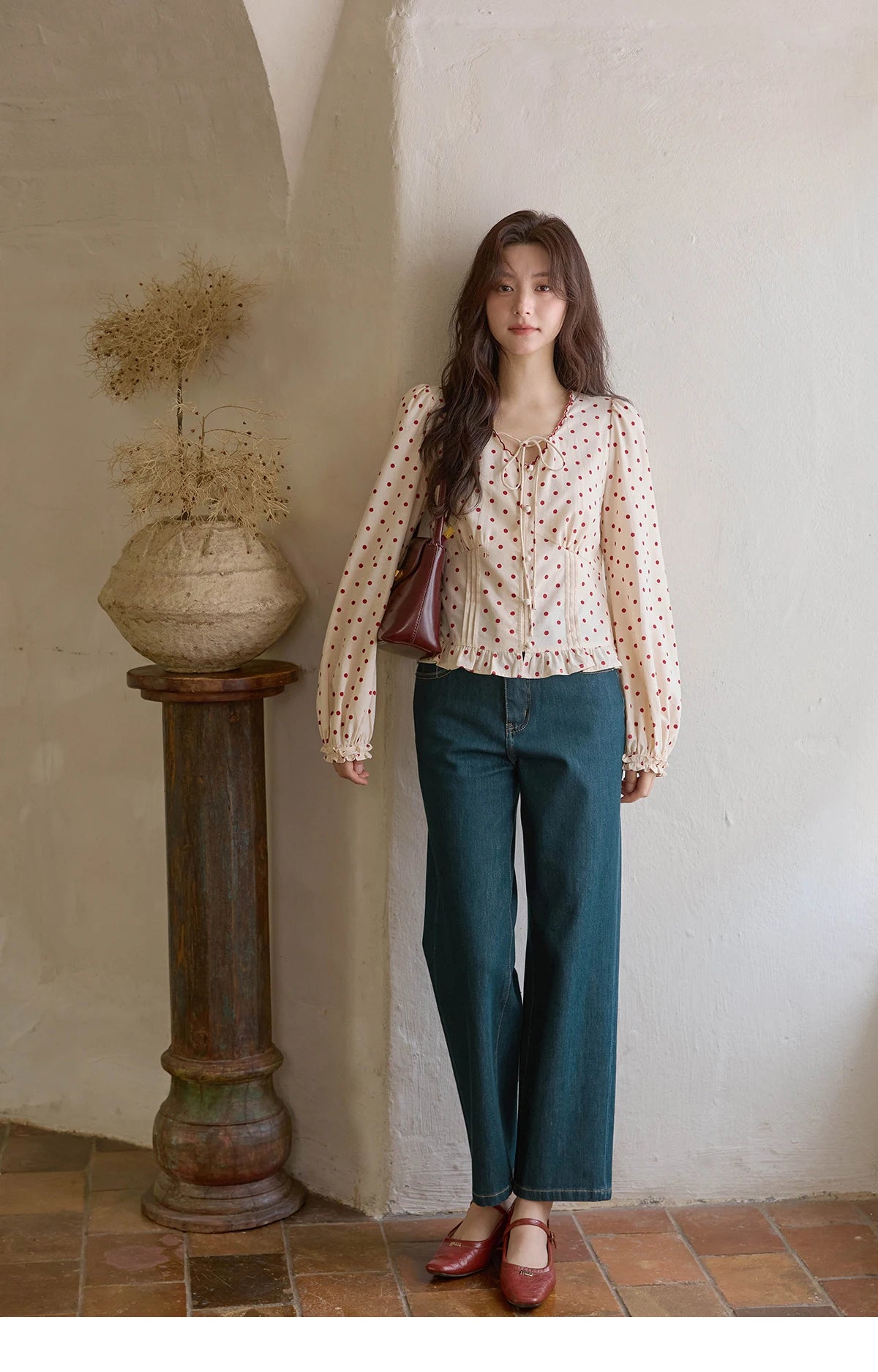 MISHOW Apricot Bottom Red Polka Dot Shirt for Women Autumn 2025 Korean Ruffled Edges Shirts V-neck Lace-up Sweet Top MXE42X1971