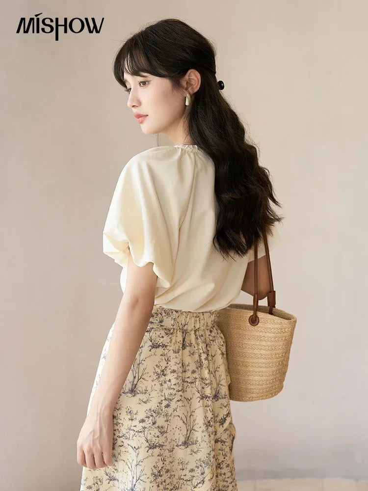 MISHOW Women's Blouses 2023 Summer French Elegant Solid V-Neck Short Sleeve Pullover LOOSE female Puff Sleeve Tops MXC38X0043