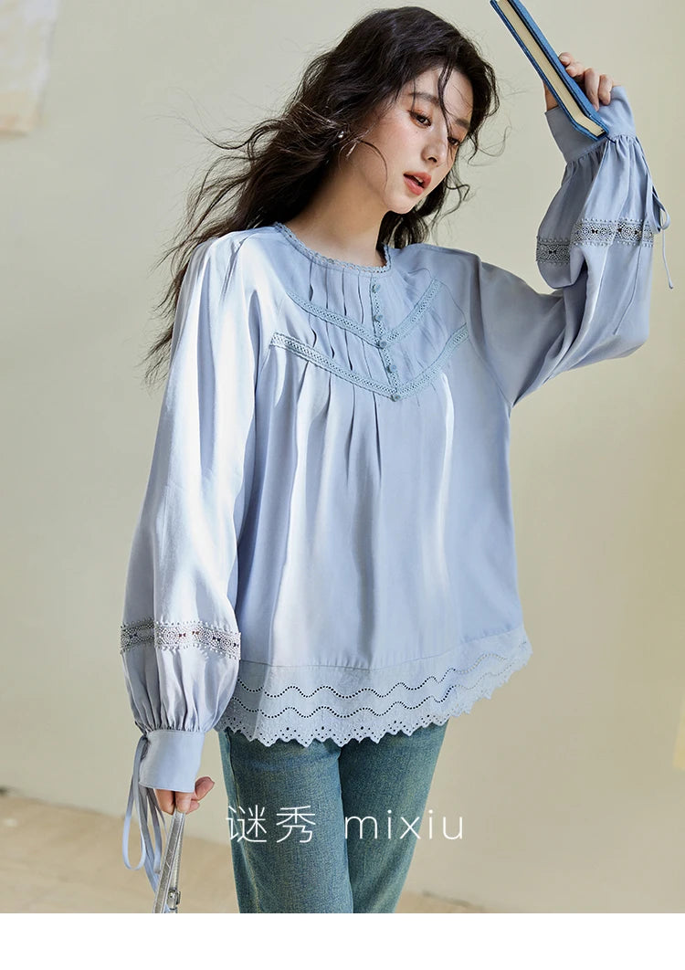 MISHOW Blue Lace Patchwork Shirt for Women 2025 Spring Sleeve Lace-up Hem Wave Edge Top Lantern Sleeve Loose Shirt MXE14X1716