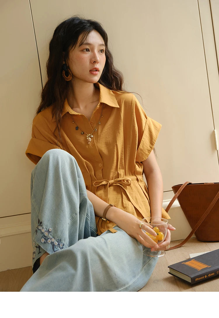 MISHOW Women's Casual Shirt 2025 Summer New Lace Up Button Turn-Down Collar Top Retro Orange Shirt Women's Clothing MXE37C0809