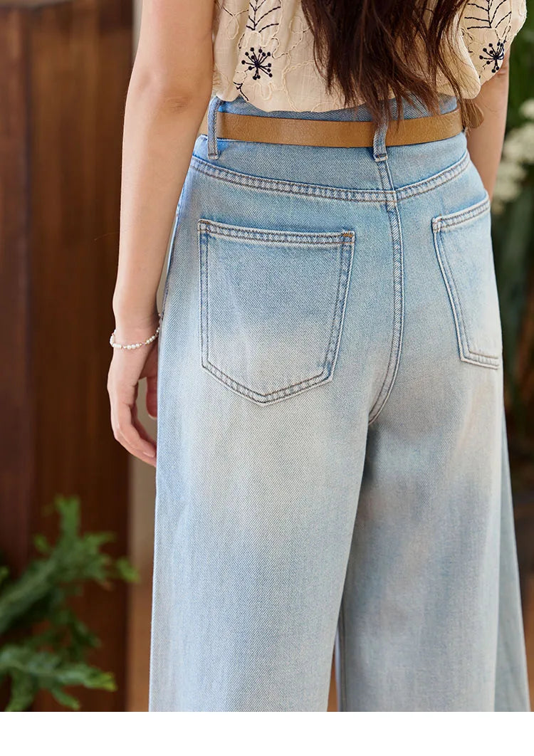 MISHOW Denim Blue Lace Straight Leg Pants for Women Summer 2025 High Waist Trousers 100 Cotton Casual Wide Leg Jeans MXE35K0947