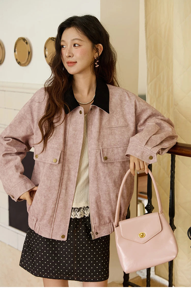 MISHOW Pink Purple Collision Black Lapel Jacket for Women Autumn Suede Metal Zipper Top Retro Loose Elastic Hem Coats MXE46W0865