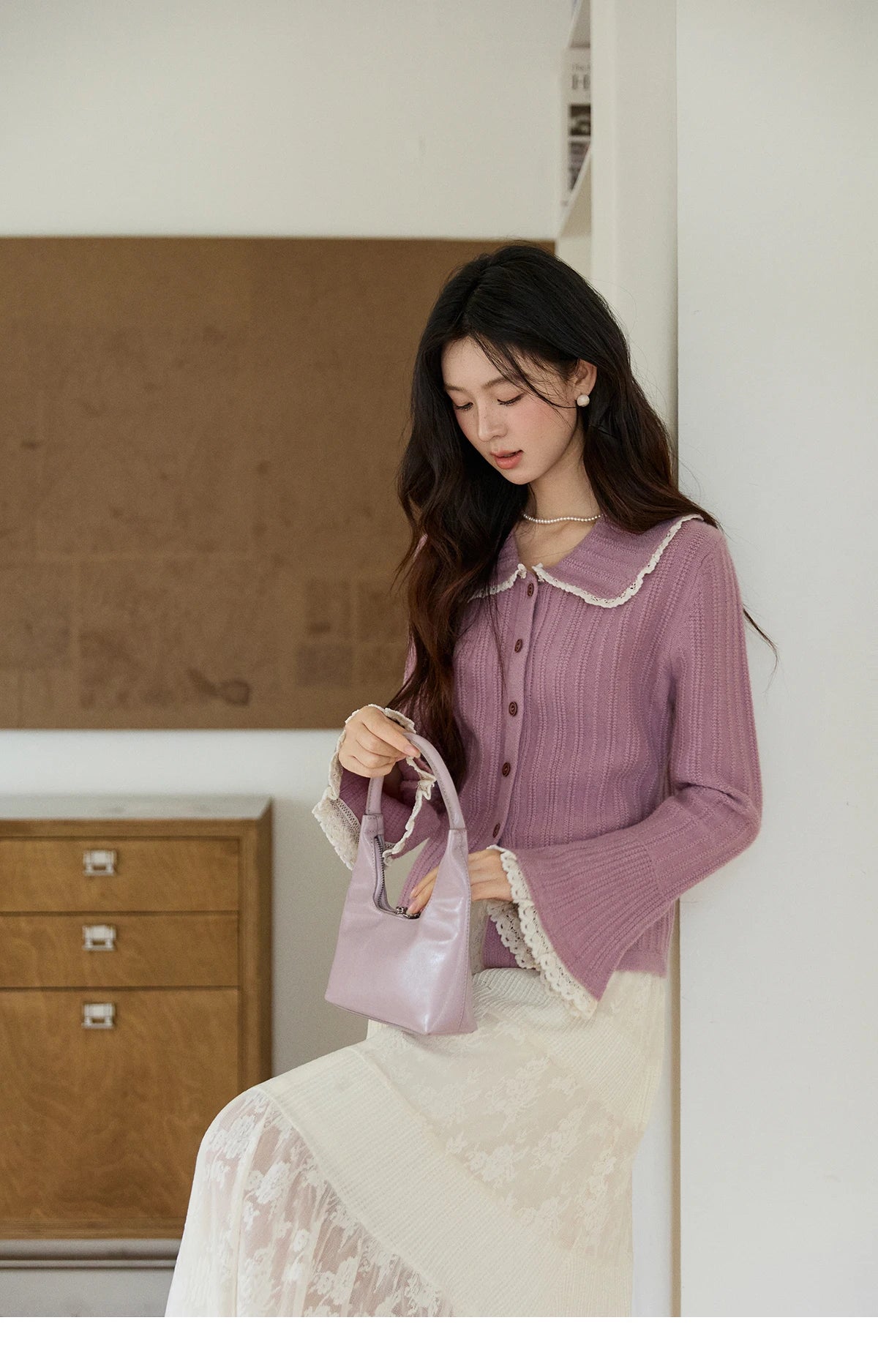 MISHOW Women's Lilac Flare Sleeve Knitted Cardigan 2026 Spring Peter Pan Collar Lace Trim Long Sleeve Slim Casual Top MXF11Z2994