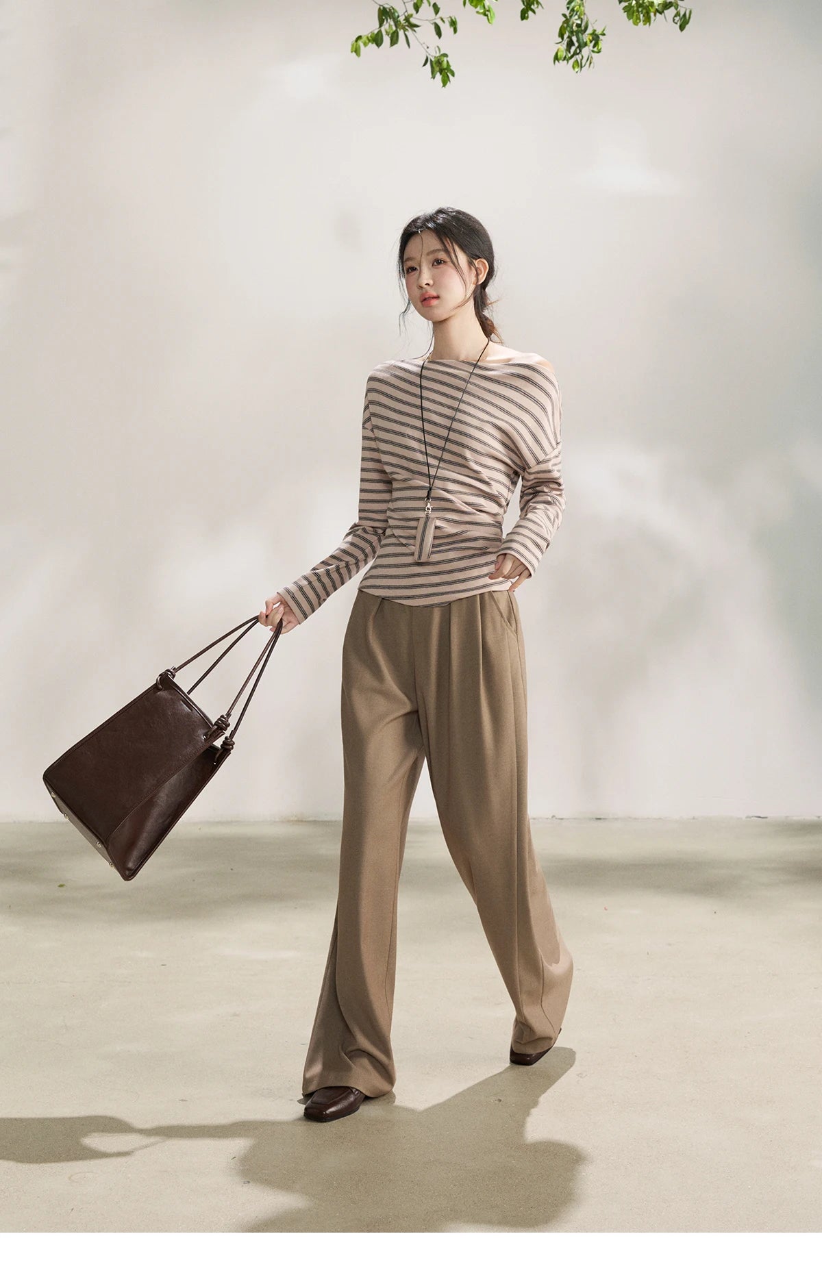 MISHOW Striped Boat Neck Long Sleeve Tops 2026 Spring Ruched Side SlimCasual Soft Breathable T-Shirt with Necklace MXF13T1514