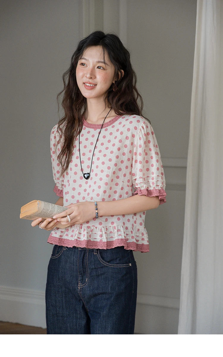 MISHOW Women's Blouse Fashion Pink Polka Dot Short Top 2025 Summer Sweet Puff Sleeve Blouse Casual Female Clothing MXE37X1900