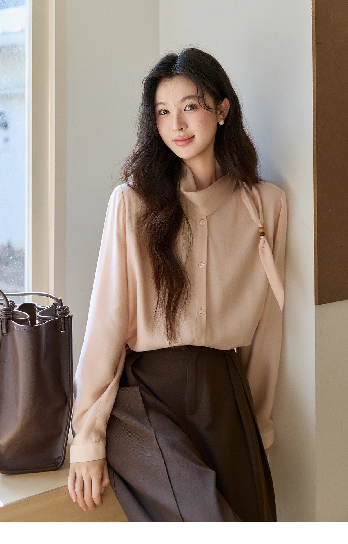 MISHOW Women's Nude Pink Shirt Spring Versatile Ribbon Stand Neck Shirts Button-Down Casual Commute Long Sleeve Top MXE11X2547