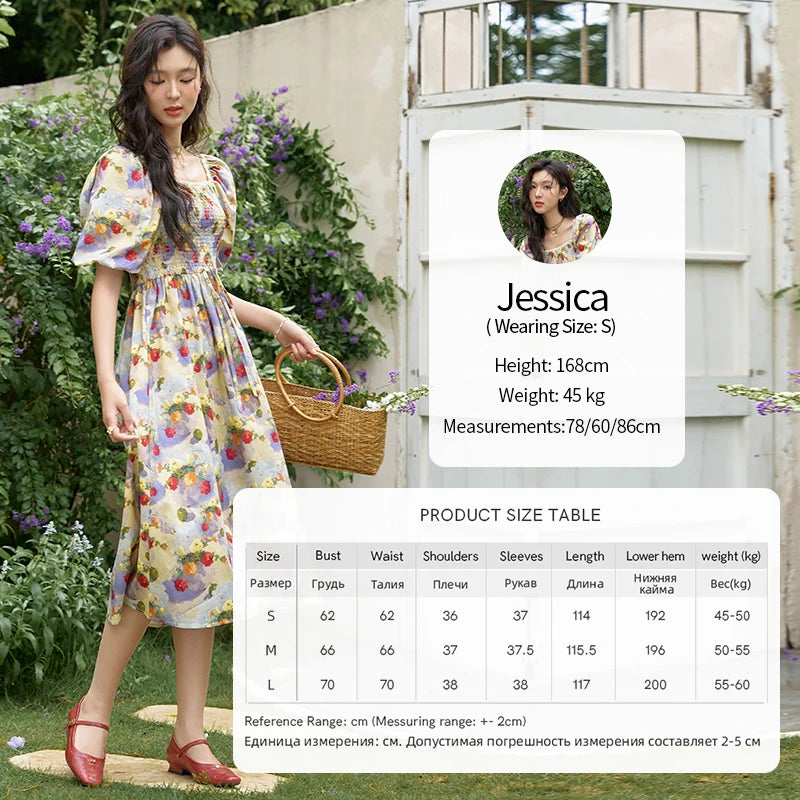 MISHOW Floral Smocked Midi Dresses for Women 2025 Summer Puff Short Sleeve Beach Vacation Beach French Retro Dress MXD24L1905