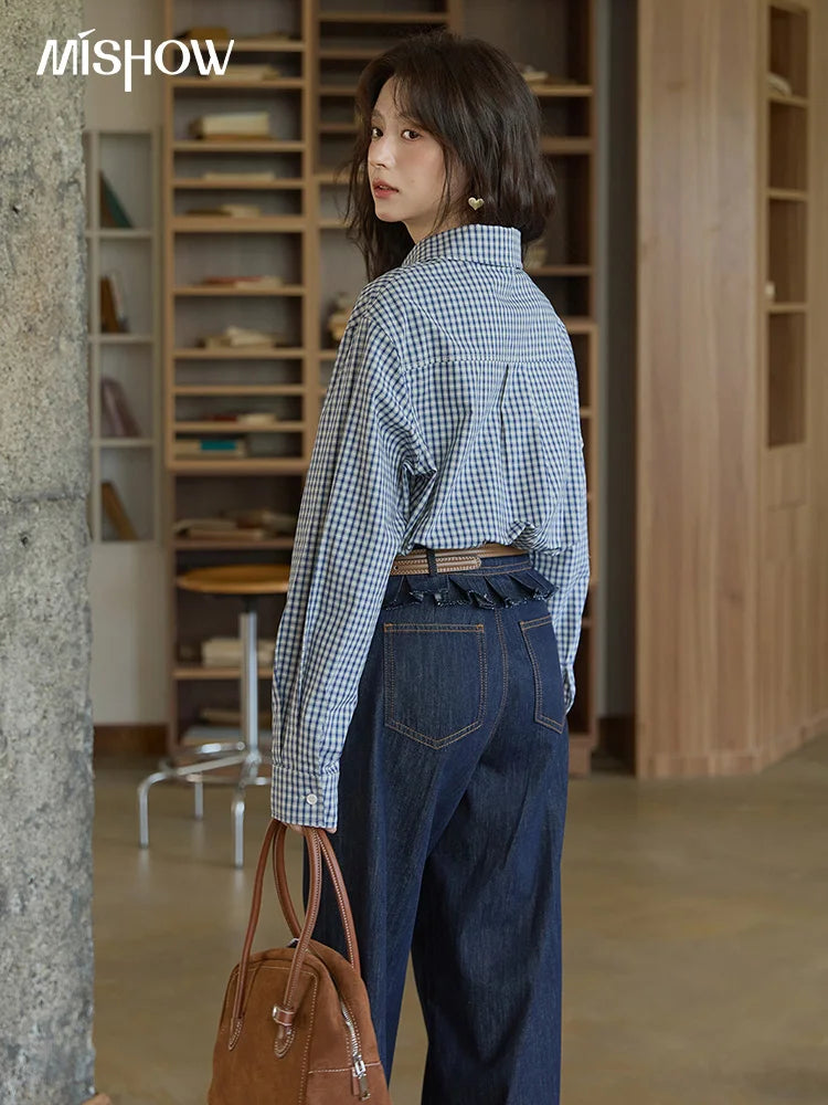 MISHOW Autumn Blue Plaid 100 Cotton Shirts 2025 Doll Collar Dropped Shoulder Sleeves Casual Top Retro Commuter Shirt MXE44C2391
