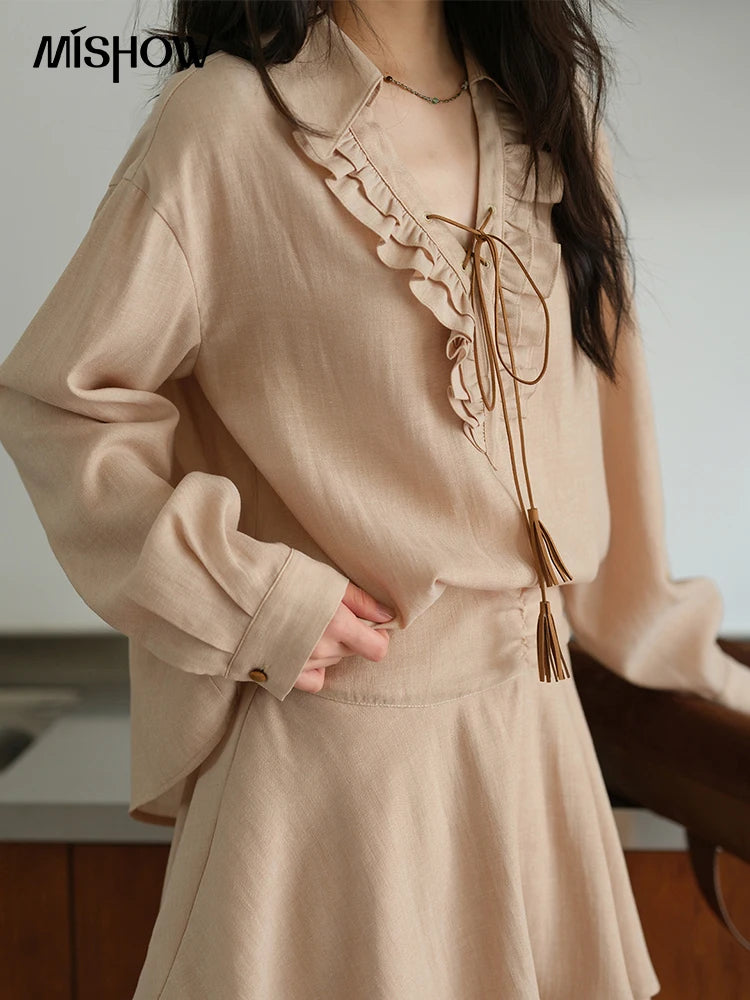 MISHOW Women's Bohemian Skirt Set Autumn Lyocell Blend V Neck Ruffle Suede Tassels Tie Top Back Elastic Waist Skirt MXE43T0727