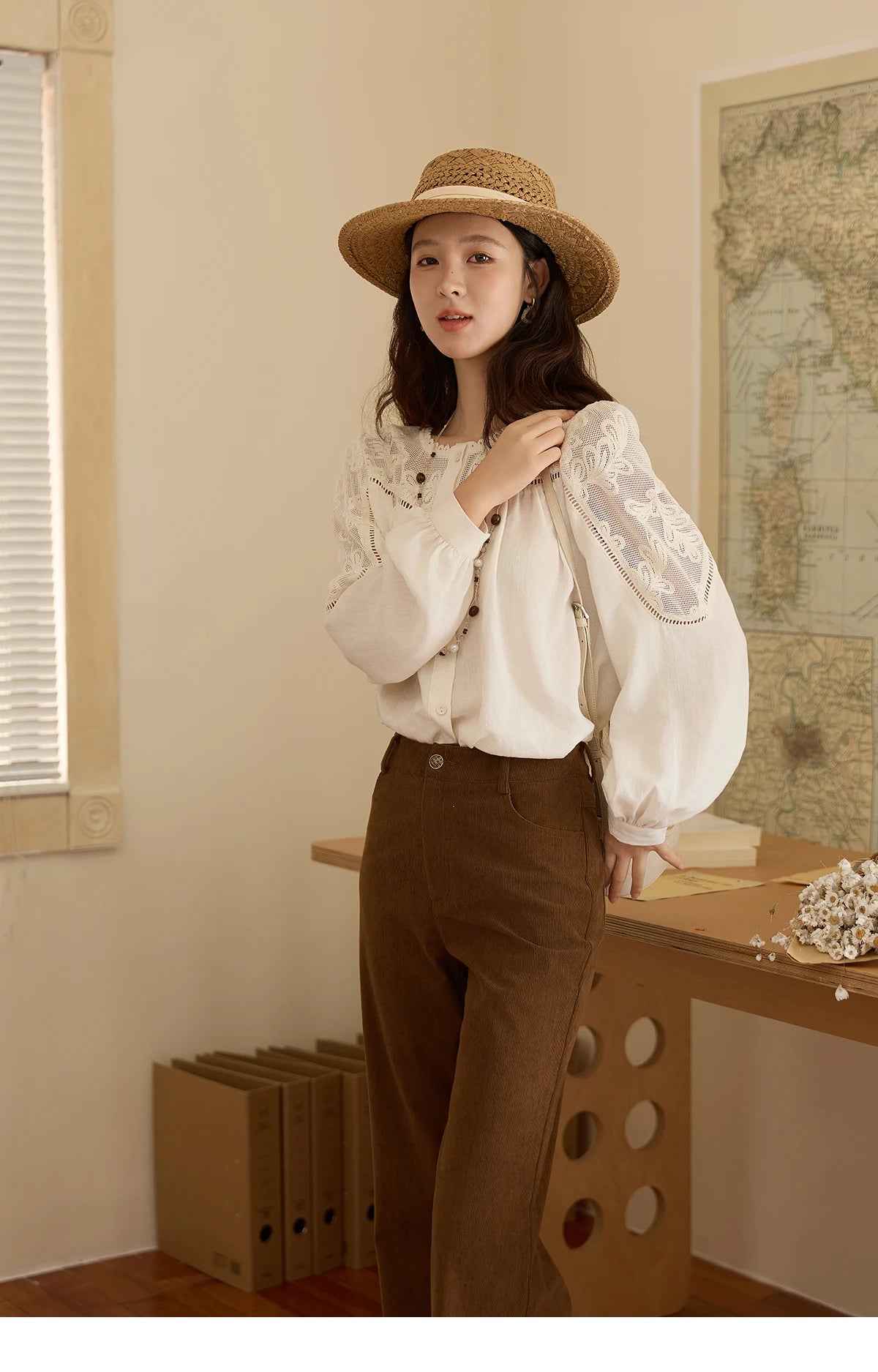MISHOW Women's Beige Hollow Out Embroidery Shirt Autumn French Elegant Long Sleeve O-Neck Shirts Retro Commute Tops MXE44X2498