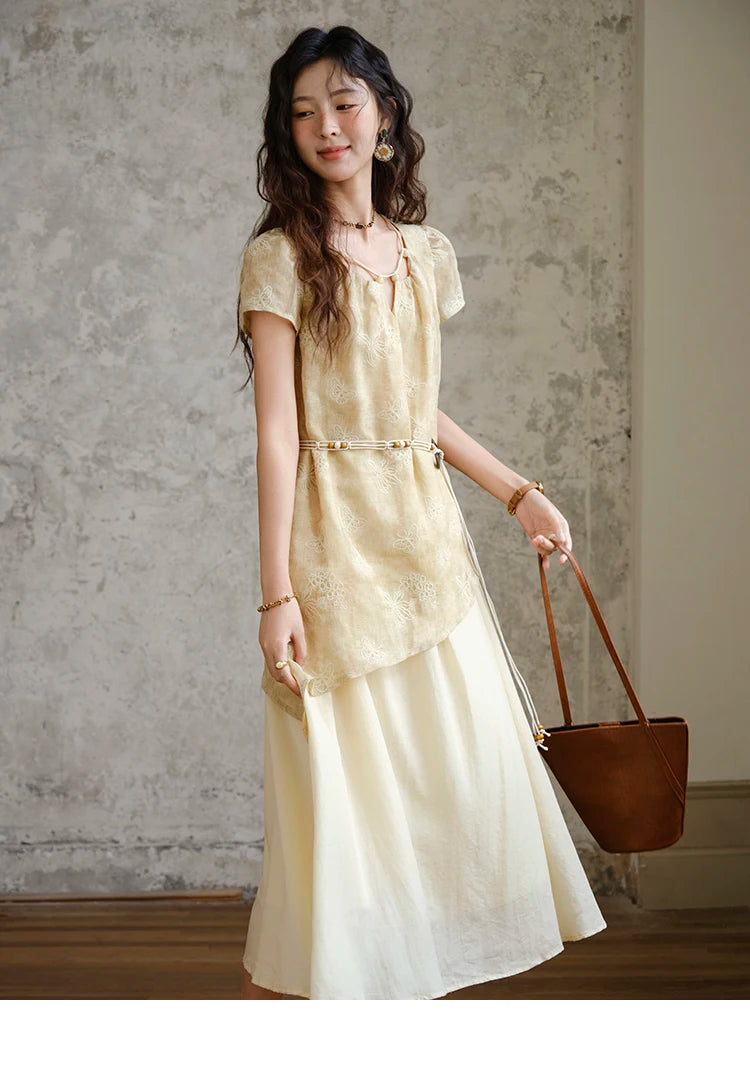 MISHOW Fashion Butterfly Embroidery Dress 2025 Summer Splicing Beaded Collar Comes with Retro Belt Dresses MXE36L2250