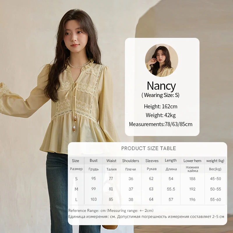 MISHOW French Thin V-neck Blouse 2025 Autumn Lace Patchwork Elastic Cuffs Top Bead Drawstring Lantern Sleeves Blouses MXE41X1925