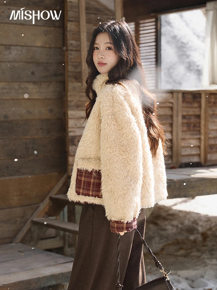 MISHOW Christmas Women's Reversible Retro Red Plaid Lamb Wool Coat 2025 Winter Loose Warm Fur-Lined Lapel Outerwear MXE93W1009