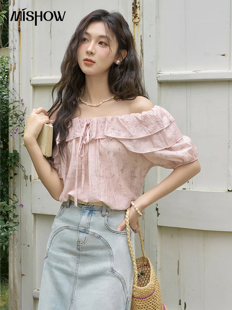 MISHOW French Retro Floral Short Sleeve Blouses Summer 2025 Loose One Line Shoulder Ruffled Edge Lace Up Sweet Top MXD25X1520