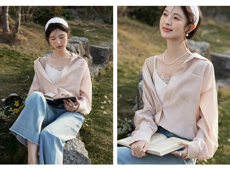 MISHOW Casual Spring Shirt Women New 2025 Long Sleeve Turn-down Collar Fake Two-piece Blouses Lady Fashion Loose Tops MXE16C0777