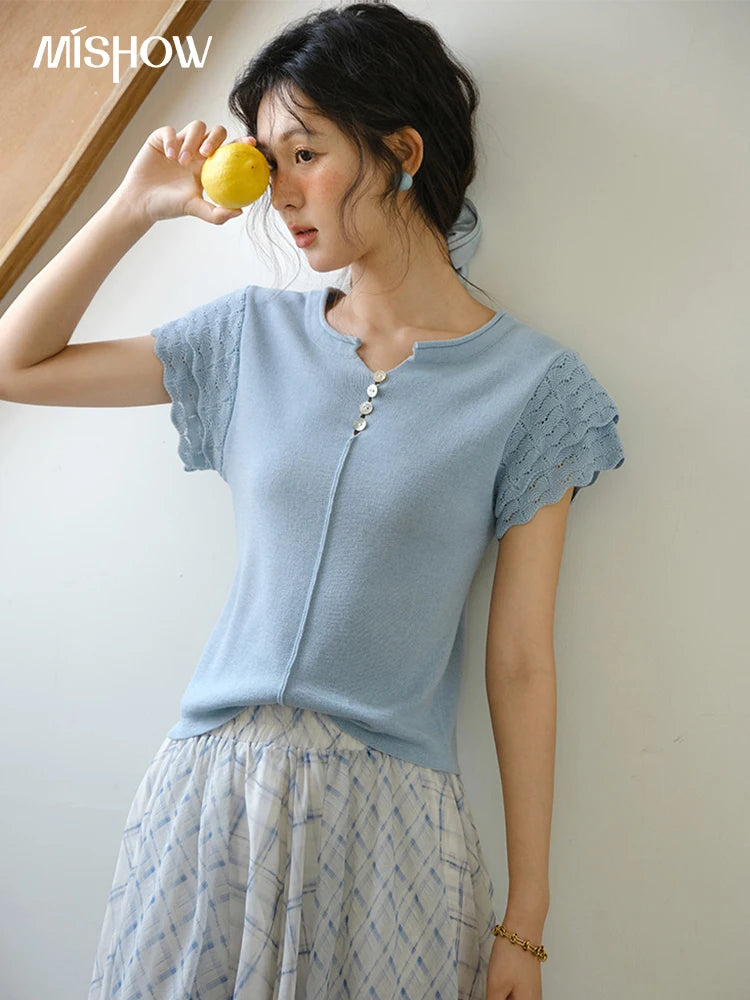 MISHOW Sheep Wool Knitted T-shirt for Women 2025 Summer New Button O-Neck Short Sleeve Blue Top Female Clothing MXE34Z1262