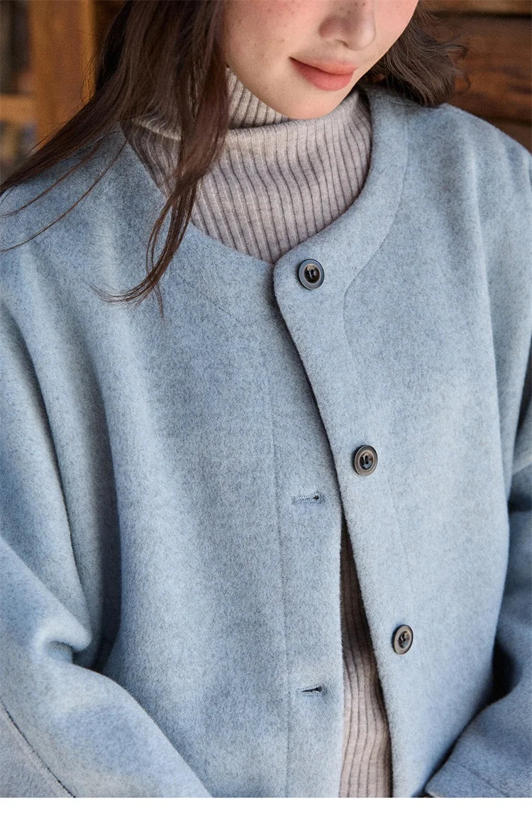 MISHOW Woman Blue Wool Coat with Shawl 2025 Winter Elegant Fashion Crew Neck Single-breasted Short Loose Thick Coat MXE87W0943