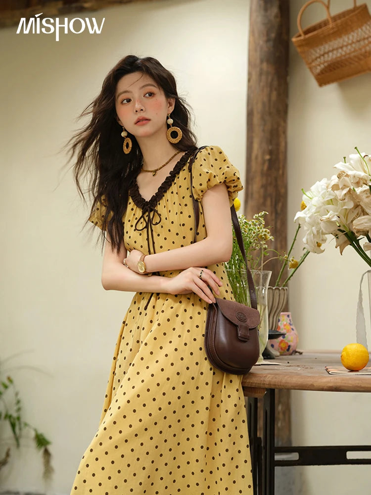 MISHOW Women's Casual Polka Dot Dress 2025 Summer New Ladies Puff Sleeve V-neck Lace Up Ruffle Edge Pocket Dresses MXE39L2326