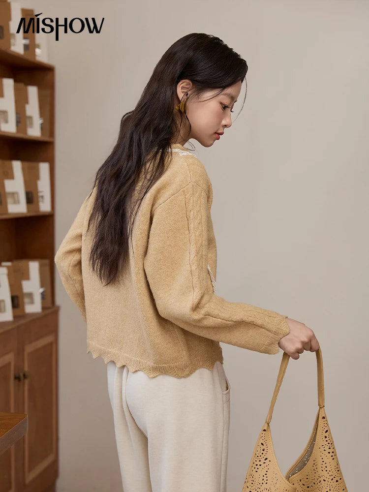 MISHOW Yellow Knitted Cardigan Ladies 2025 New Sweet Lace Stitching Cable Sweater Commute Women's Autumn Cardigan MXE51Z2546