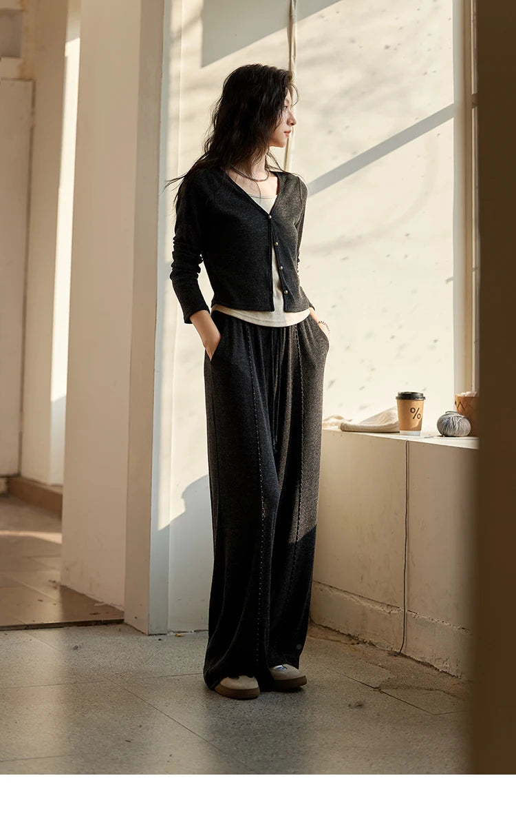 MISHOW Women Casual False Two Pieces Splicing Knit Wide-legged Pants Separately 2024 Fall Winter Elastic Waist Pants MXD35Z0877