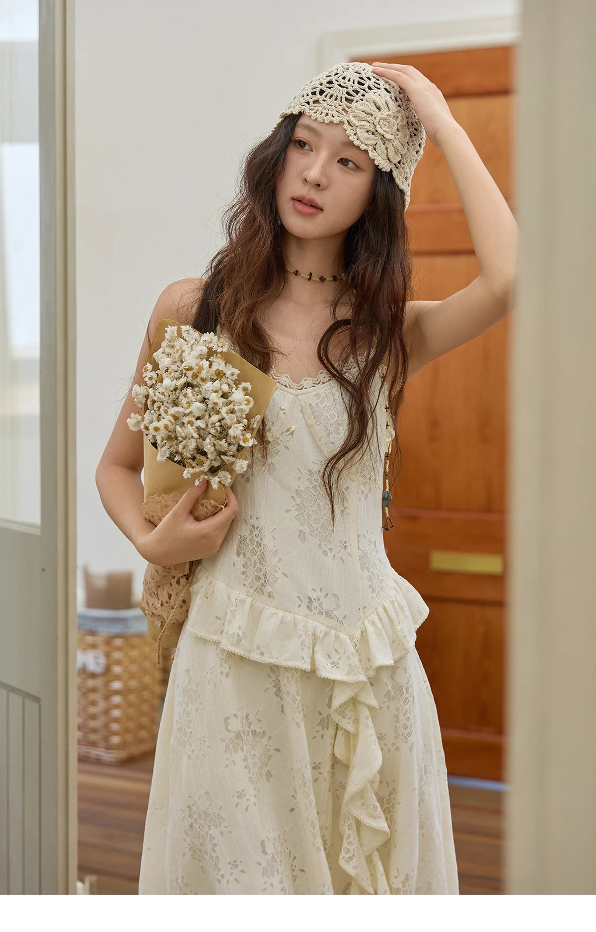 MISHOW Bohemian Apricot Lace Camisole Inner Dress Autumn Irregular Ruffle Tassel Hem Dresses Front Side Fork Dress MXE43L2449