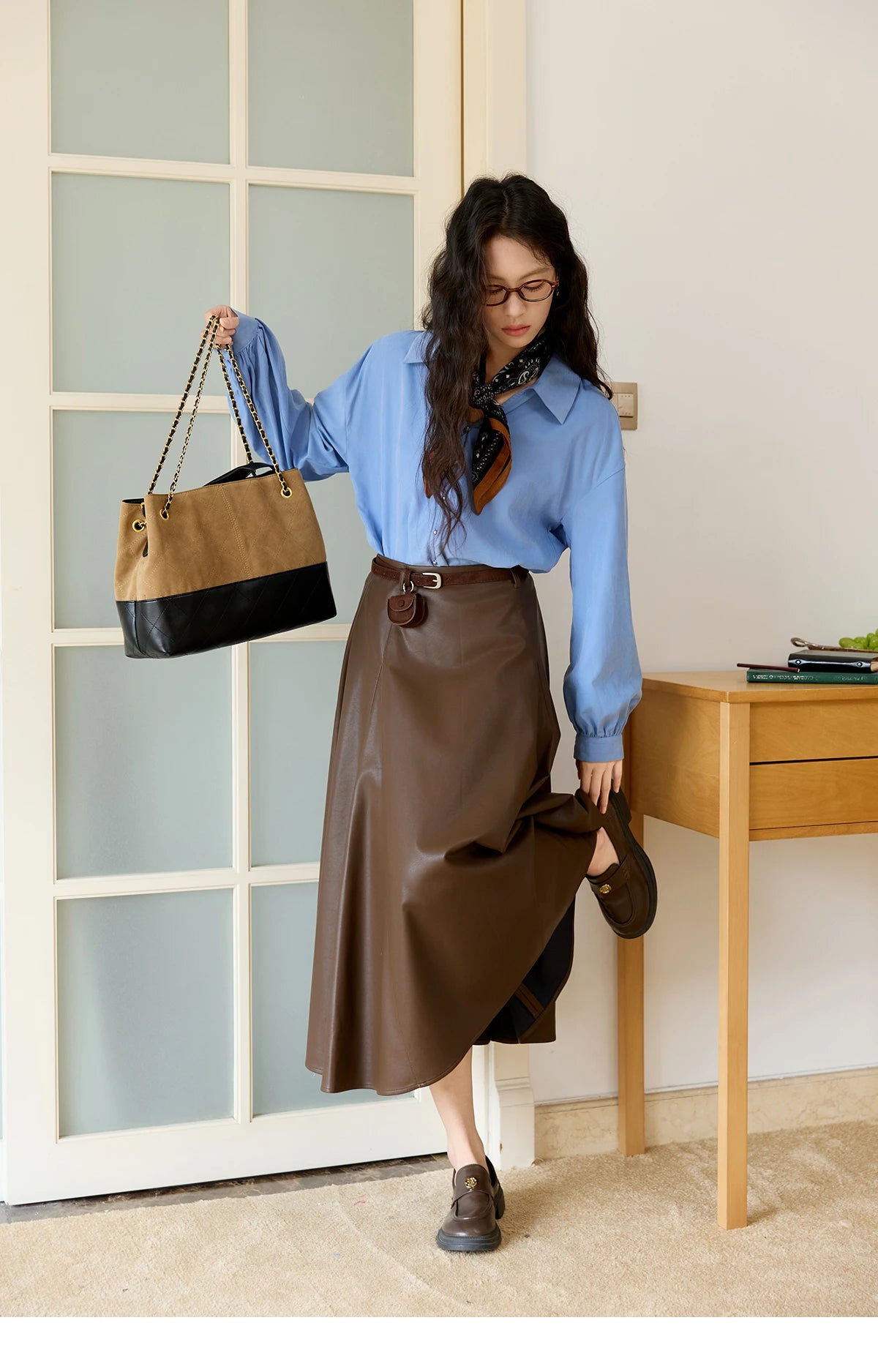 MISHOW PU Leather Skirt for Women 2025 Autumn High Waist A-line Skirt Retro Coffee Versatile Skirts Excluding Belt MXE45B2412