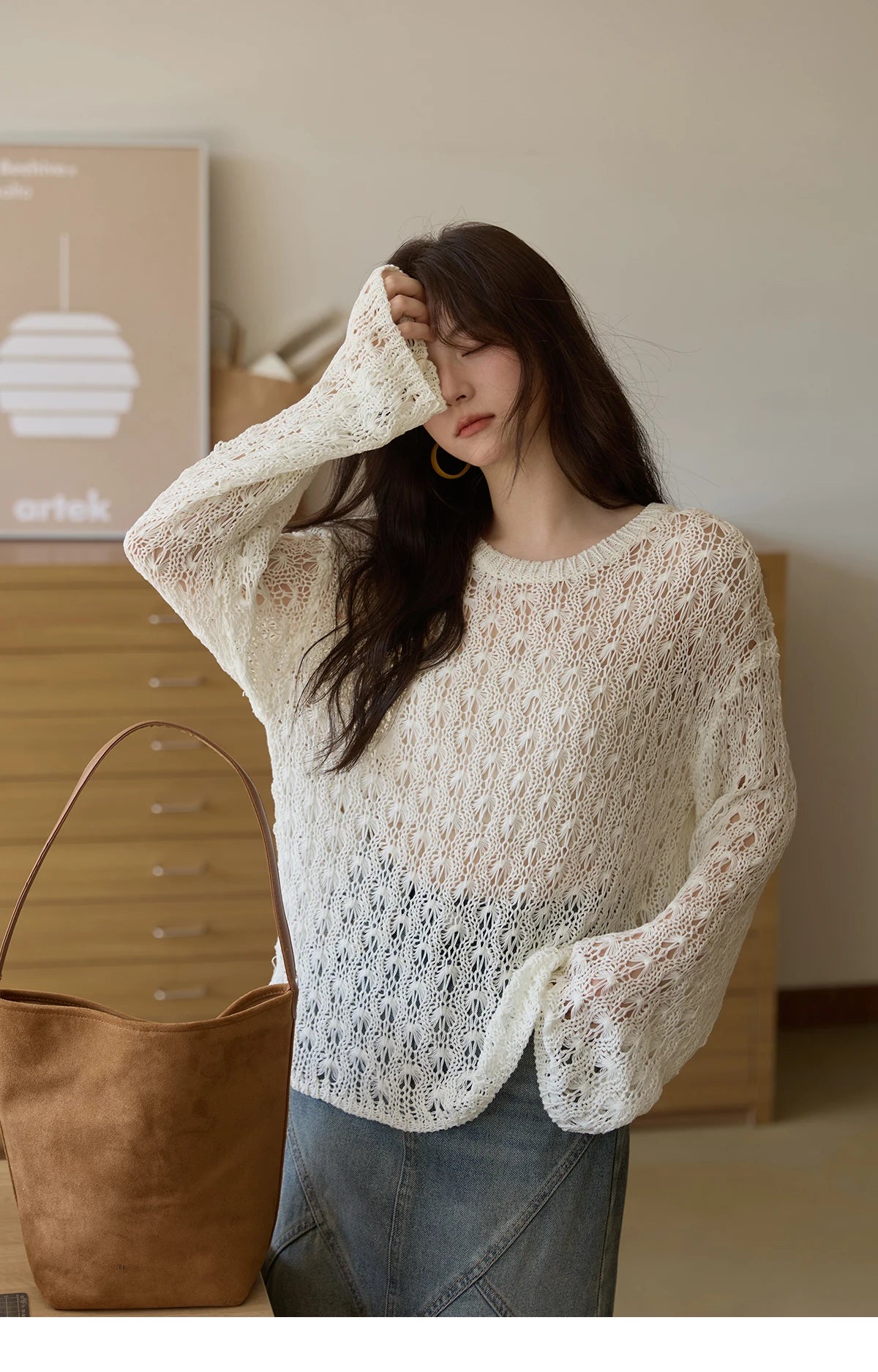 MISHOW Women's Hollow Knitted Tops 2025 Autumn Jacquard Weave Breathable Top Solid Dropped Sleeve Knitted Sweaters MXE43Z1360