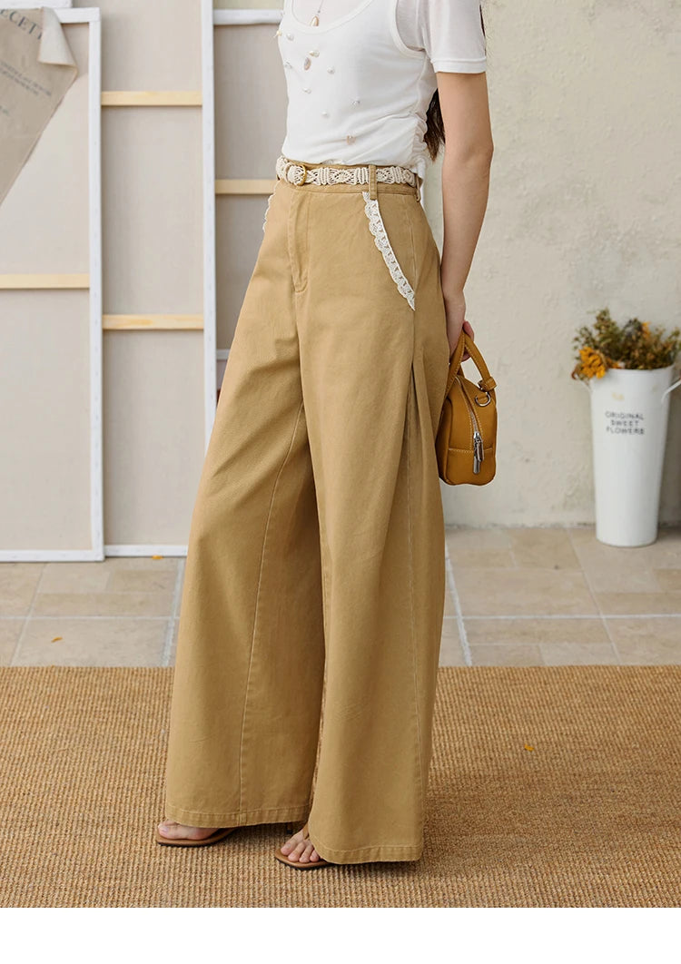 MISHOW 100Cotton Khaki Lace Patchwork Wide Leg Pants for Summer 2025 High Waist Straight Leg Trousers Commuting Pants MXE34K0925