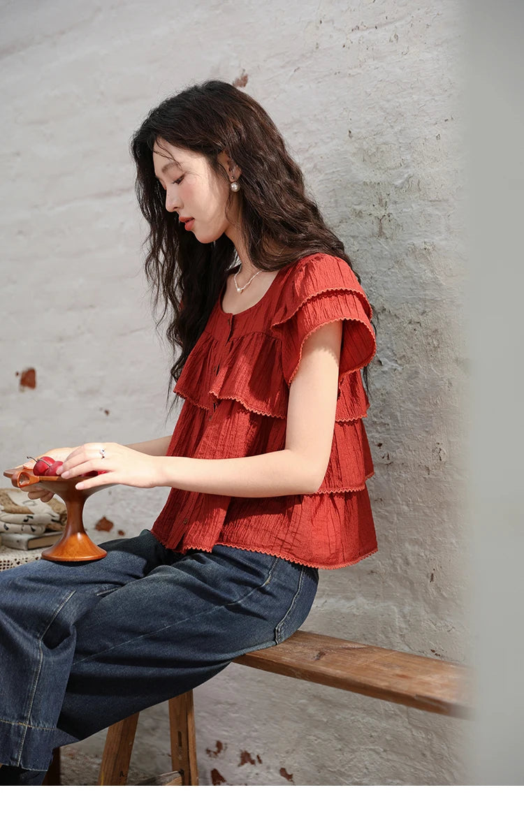 MISHOW Women's French Square Collar Blouses 2024 Summer Retro Red Ruffle Lace Cake Top Puff Sleeve Solid Sweet Blouse MXD30X1488