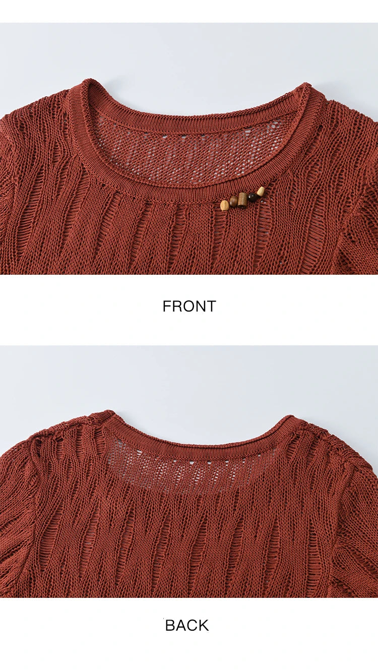 MISHOW Retro Red Hollow Thin Knitted Sweater Shirt for Women 2025 Summer Beads Short Sleeves Knitted Breathable Top MXE35Z1271