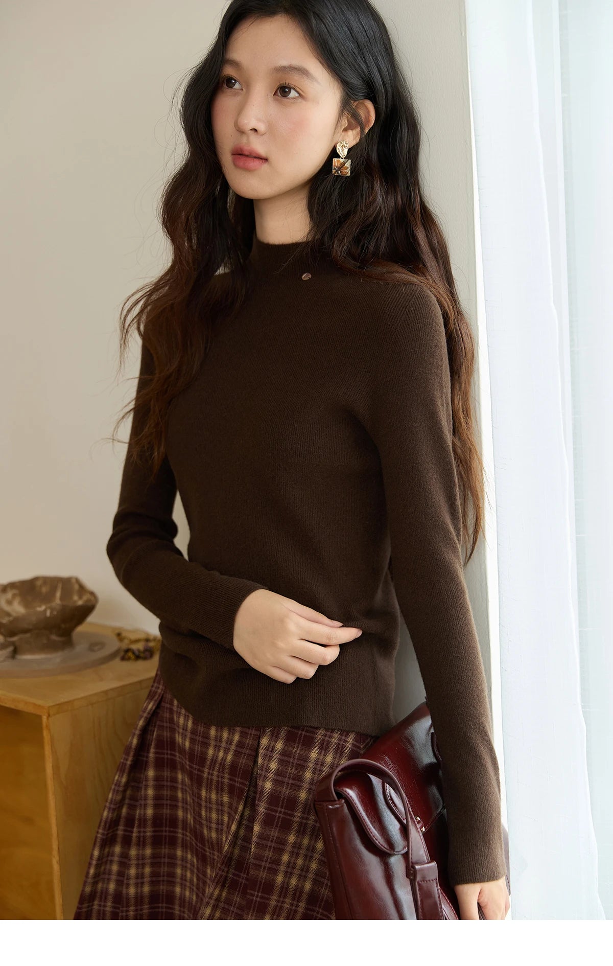 MISHOW Woman Long-sleeved Tops 2025 Autumn Winter Minimalist Mock Neck Knited Top Commute Casual Slim Pullover Woman MXE48Z2583