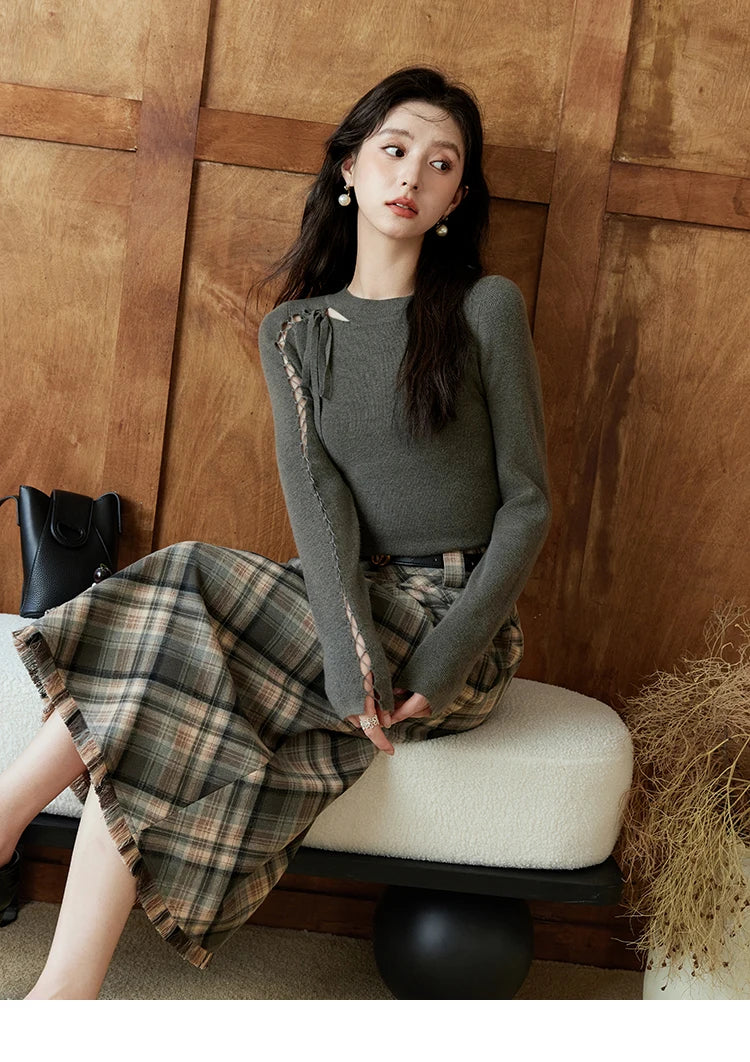 MISHOW Bottom Knit Sweater Women Fashion Hollow Tie Design Bottoming Shirt 2024 Fall New Warm Long-sleeved Slim Tops MXD45Z0766