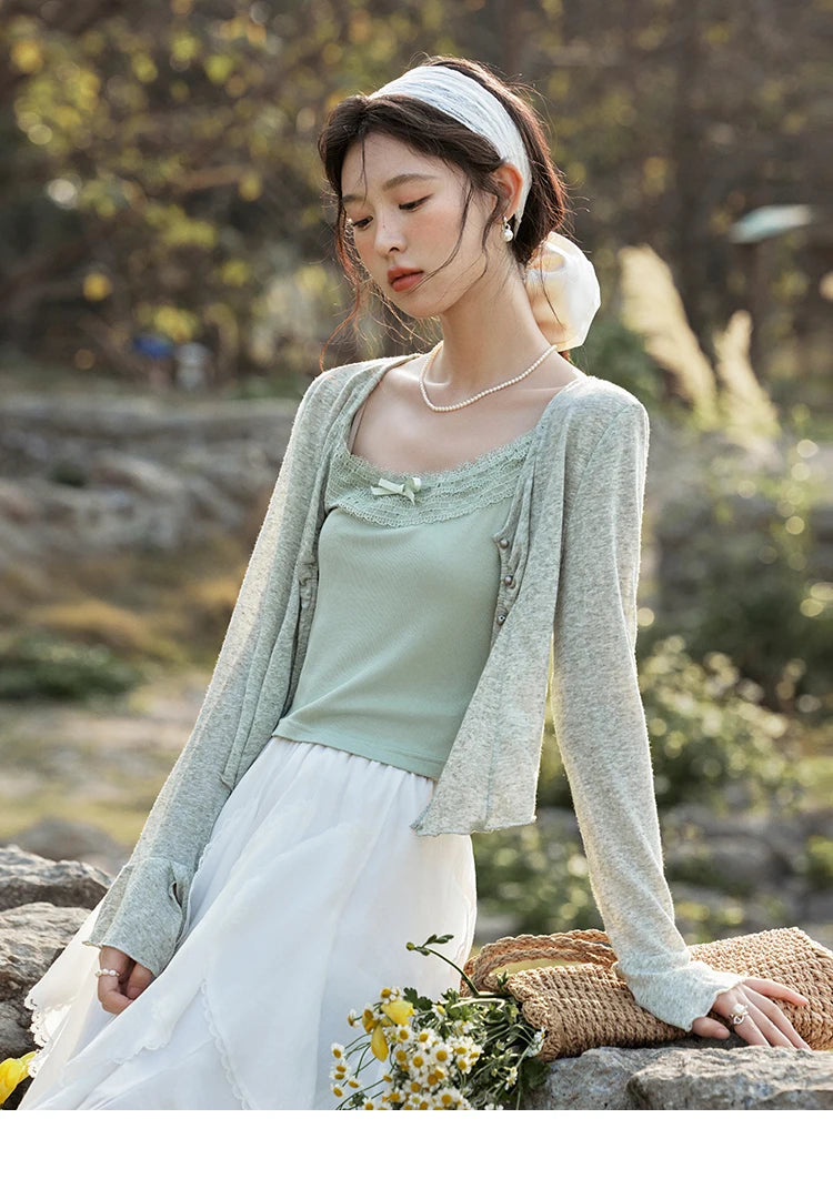MISHOW Light Green Camisole Knit Cardigan Two-piece Set Spring Summer 2025 Lace Bow Camisole V-neck Cardigan Sets MXE15T0504