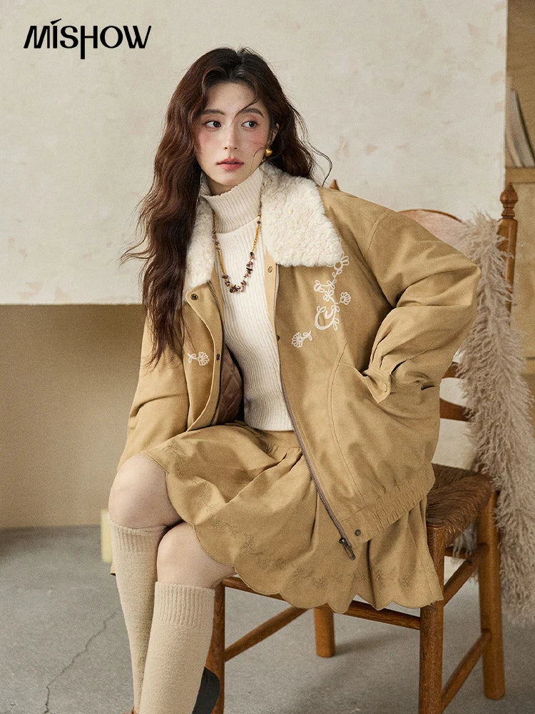 MISHOW Women's Floral Embroidered Jacket 2025 Winter French Style Yellow Plush Lapel Zip-up Coat Loose Warm Jacket MXE87W0932